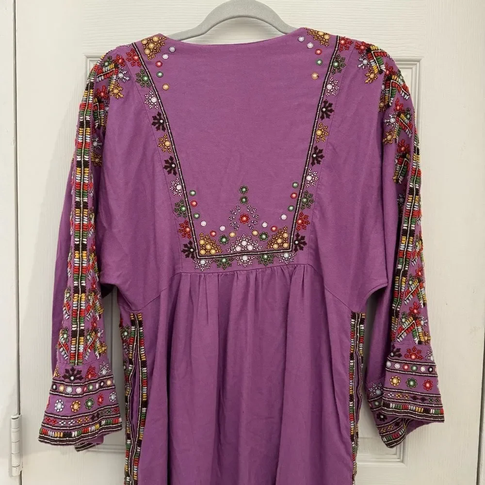 Free People Embroidered Linen Dress Tunic Size XS Purple Tie Front Embellished